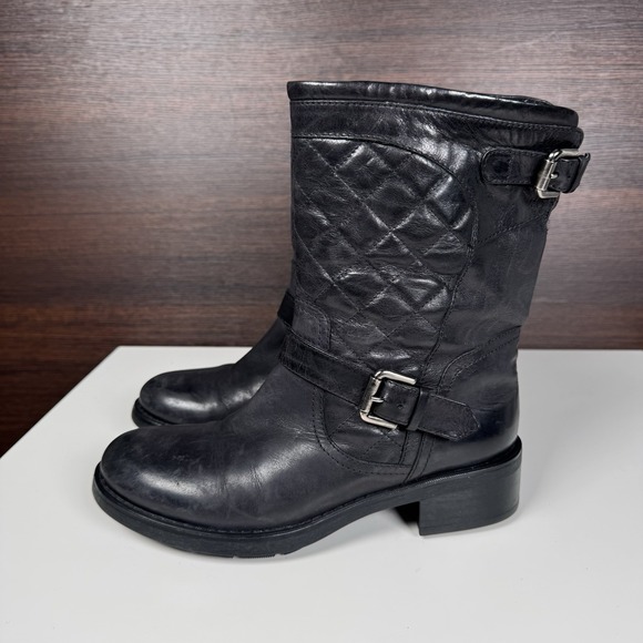 Aquatalia Shoes - Aquatalia Boots Womens Size 7 Black Leather Quilted Biker Mid Calf Buckle -Italy